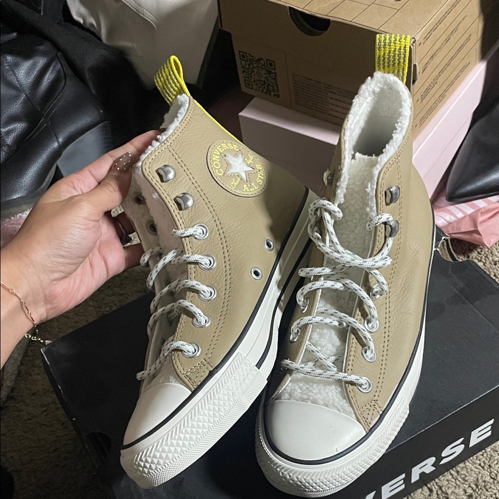 Converse Tan High-Tops with Shearling and Yellow Detail